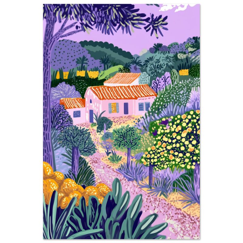 Paisaje de campo con casas y vegetación colorida en estilo moderno y vibrante.