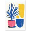 Rostro de planta abstracta en maceta rosa y formas coloridas en tonos azul y amarillo en estilo moderno.