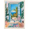 Puerta abierta con vista al mar y plantas tropicales, estilo pintura moderna de Digiart Studio.