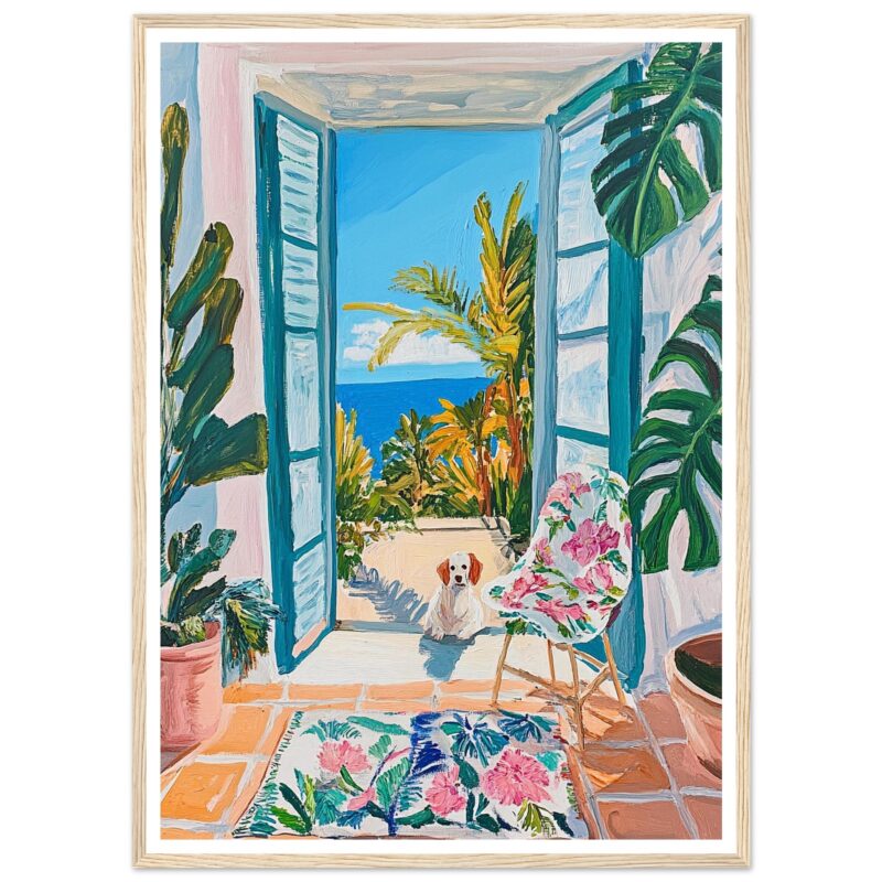 Puerta abierta con vista al mar y plantas tropicales, estilo pintura moderna de Digiart Studio.