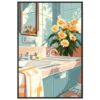 1460470a-eb36-4485-837e-fa4cf8b254e6.jpg Florero con flores en la encimera del baño con espejo y ventana, estilo ilustración digital, decoración floral, ambiente natural, diseño interior moderno.