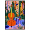 Violín naranja en un bosque colorido y abstracto, con plantas y jarrones en tonos vibrantes.