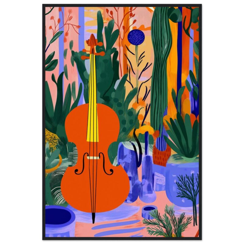 Violín naranja en un bosque colorido y abstracto, con plantas y jarrones en tonos vibrantes.