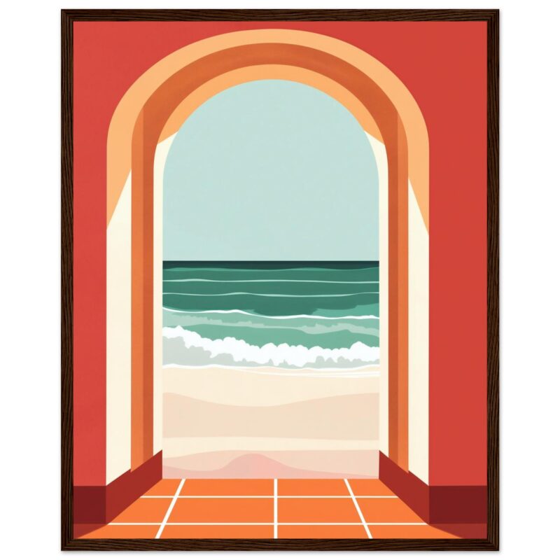 Puerta con vista al mar, obra de arte digital en estilo moderno, decoración de interiores, ilustración de paisaje costero.