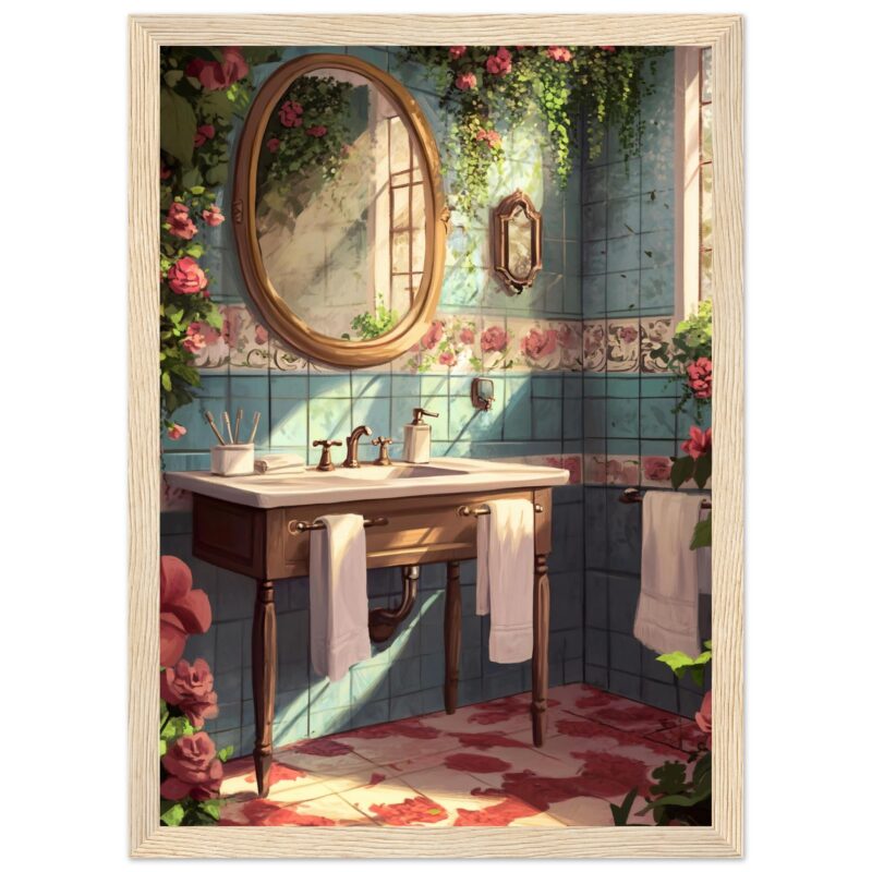 15658a95-bdc2-43e9-bd66-55db88776b18.jpg Suelo de baldosas azules y rosa en un baño con decoración floral y espejos vintage. Diseño artístico y luminoso de Digiart Studio.