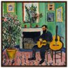 Guitarrista tocando en interior con plantas y arte en cuadros, estilo de pintura expresionista, énfasis en colores vibrantes y textura artística.