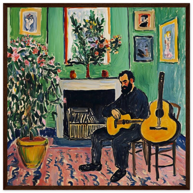 Guitarrista tocando en interior con plantas y arte en cuadros, estilo de pintura expresionista, énfasis en colores vibrantes y textura artística.
