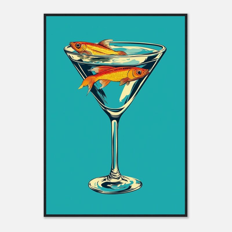 Pecera con peces dorados en estilo ilustración moderna con fondo azul.