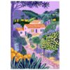 Colina pintada con casas y vegetación en tonos morados y verdes, estilo artístico digital.