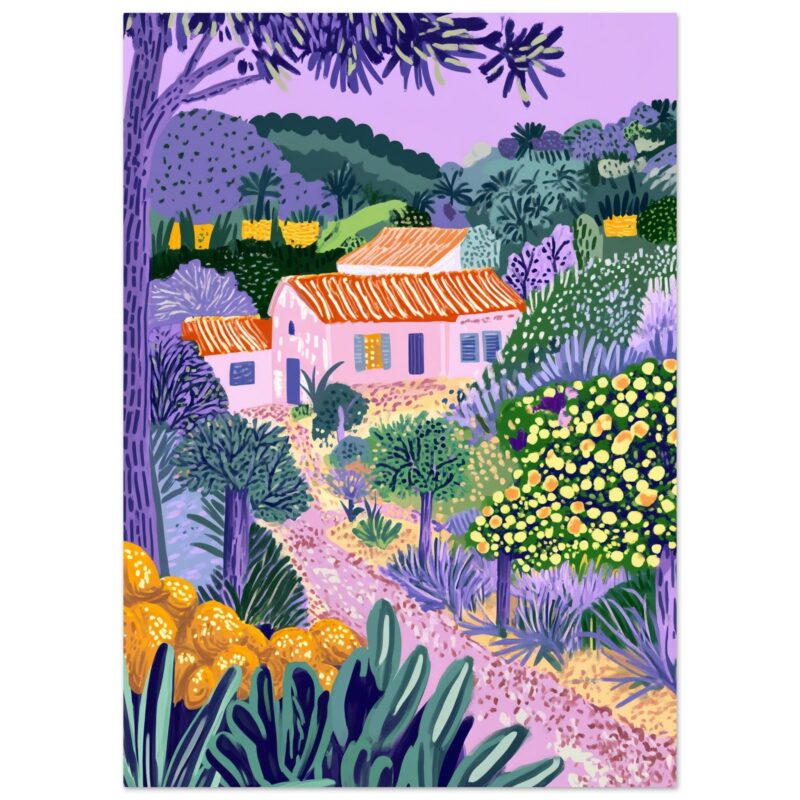 Colina pintada con casas y vegetación en tonos morados y verdes, estilo artístico digital.