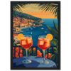 Brindis con vista panorámica de la costa italiana al atardecer, con barcos en el mar y un paisaje colorido.