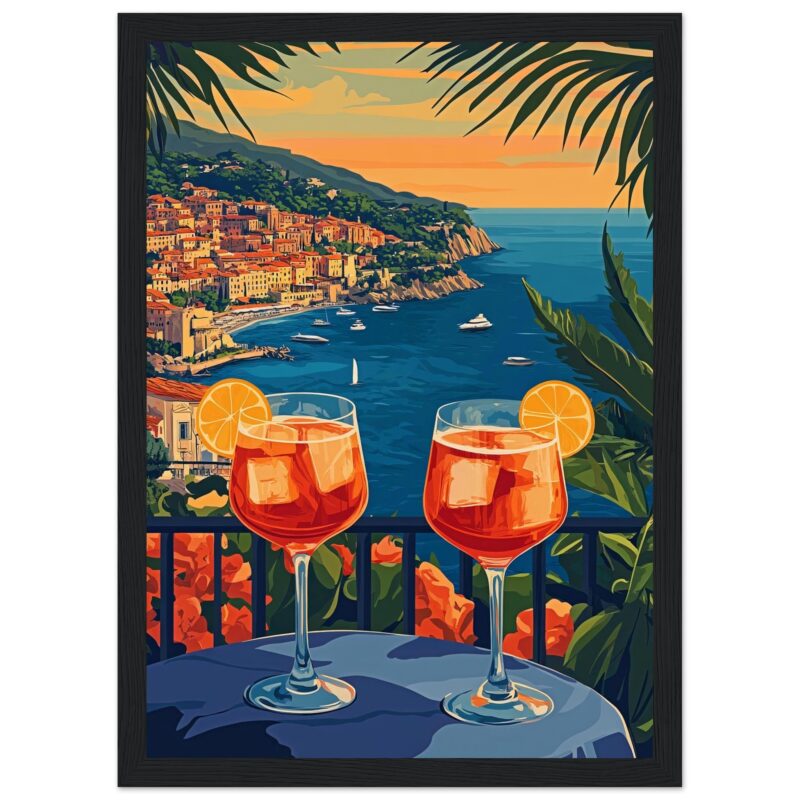 Brindis con vista panorámica de la costa italiana al atardecer, con barcos en el mar y un paisaje colorido.