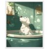 16ae539b-281c-404c-9fee-c9cce1a62492.jpg Relaxing dog in a bubble bath, cute illustrated pet, home bathing scene, digital art featuring a fluffy dog, pet grooming illustration, digital illustration of a dog in bath, artwork perfect for pet care advertising.