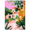 Casa de campo con palmeras y vegetación en estilo ilustración colorido.