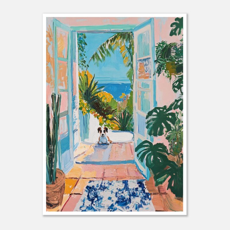 Puerta abierta con vista al mar y vegetación tropical, estilo pintura vibrante y colorida.