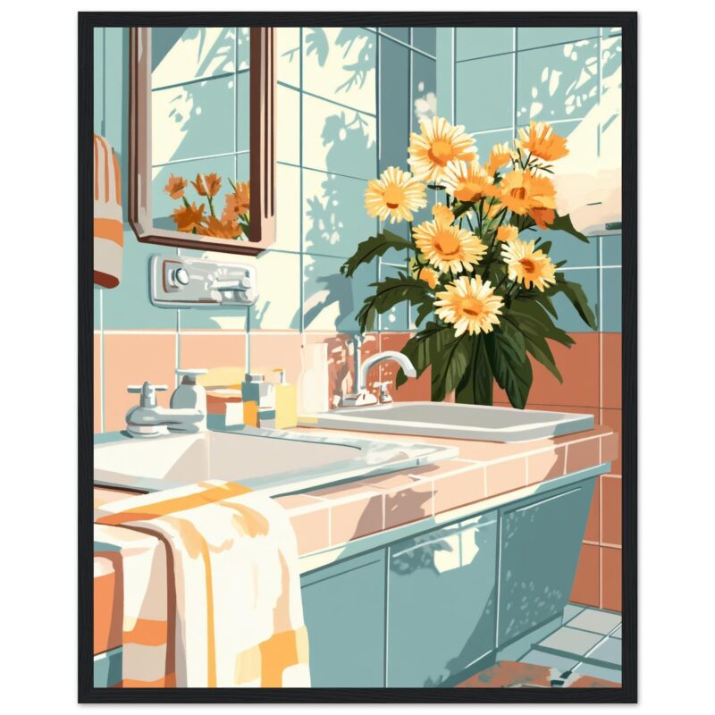 172278f8-0c77-4d4d-a57c-4b5ac7a937c3.jpg Jarrón con flores en cocina moderna, decoración hogar, ilustración digital.