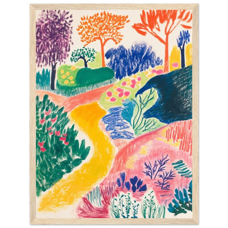 Colorido dibujo de paisaje con árboles, senderos y plantas en estilo infantil.