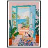 Lona decorativa con paisaje de terraza y plantas, estilo pintura acrílica, estilo bohemio, ideal para interiorismo.