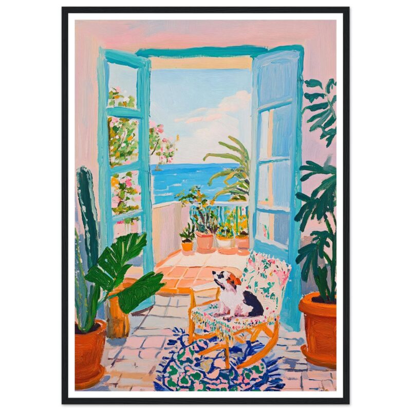 Lona decorativa con paisaje de terraza y plantas, estilo pintura acrílica, estilo bohemio, ideal para interiorismo.