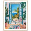 Dibujo de estilo pintura de interior con vista al mar, plantas tropicales y perro en la terraza.