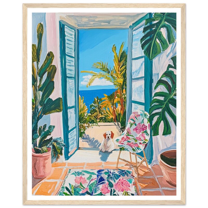 Dibujo de estilo pintura de interior con vista al mar, plantas tropicales y perro en la terraza.