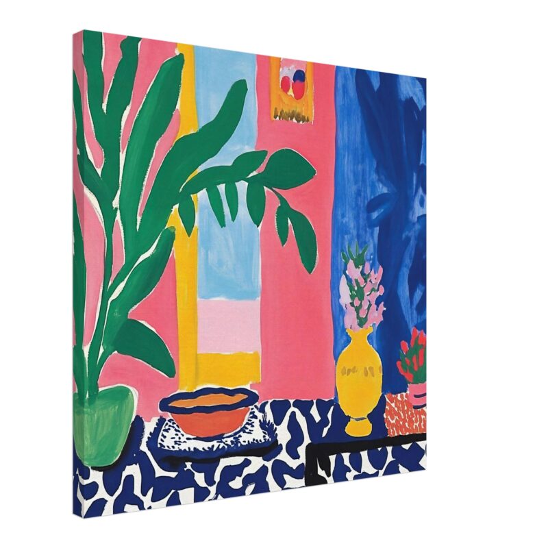 Rama de planta y jarrón con flores en estilo pop art, colorido y contemporáneo, en una escena artística moderna.