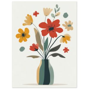 Flores abstractas en jarrón moderno, arte digital colorido y minimalista, diseño decorativo para interiores y arte mural.