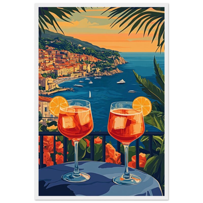 Vasijas de cóctel Aperol en terraza con vista al mar en Costa Amalfitana.