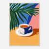 Taza de café en estilo moderno con fondo colorido y planta decorativa.