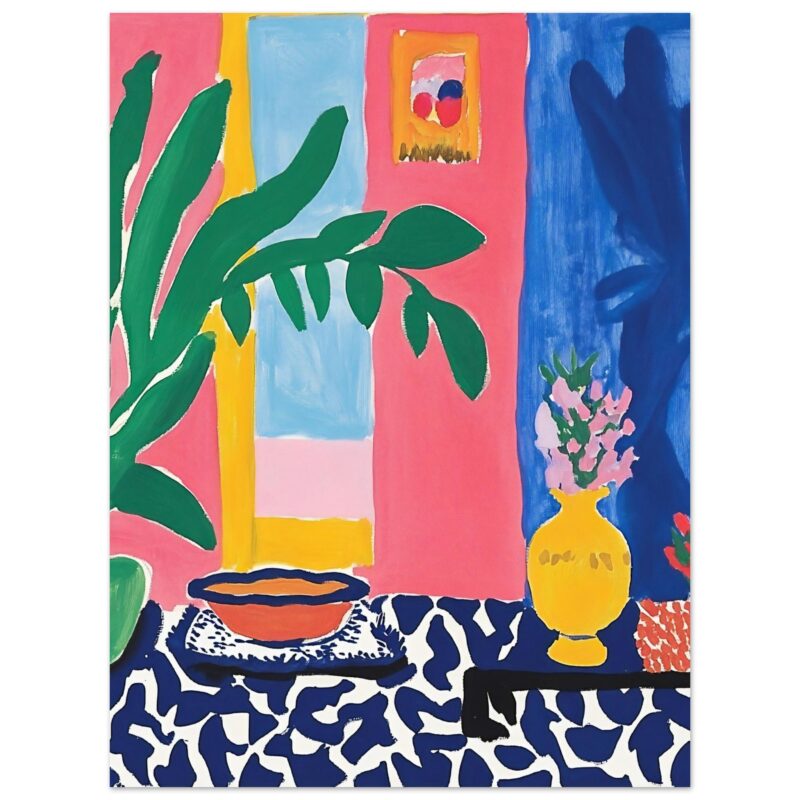 17ddc19a-cabf-4688-837d-d259fb319c5a.jpg Vibrante pintura moderna de naturaleza muerta con flores y plantas en colores intensos.