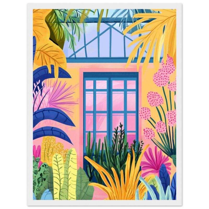 Ventana con marco azul en una fachada de colores vibrantes rodeada de plantas tropicales.