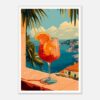 Vaso de cóctel con naranja, vista de la costa y mar en estilo digital.
