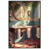 18b3d2b7-f568-4291-a0db-788554e96eec.jpg Espejo redondo en un baño con azulejos azules decorados con flores rosas, rodeado de plantas y luz natural.