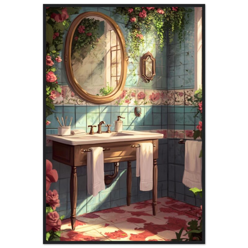 18b3d2b7-f568-4291-a0db-788554e96eec.jpg Espejo redondo en un baño con azulejos azules decorados con flores rosas, rodeado de plantas y luz natural.