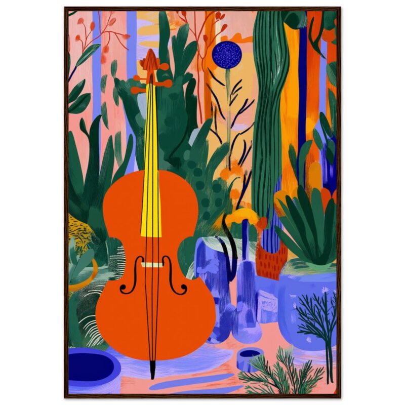 Guitarra clásica en un estilo artístico vibrante y colorido con plantas y elementos naturales.