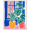 18e39152-95ec-43f7-b4c1-e48963148c35.jpg Vaso con plantas verdes y flores rojas en una pintura moderna.