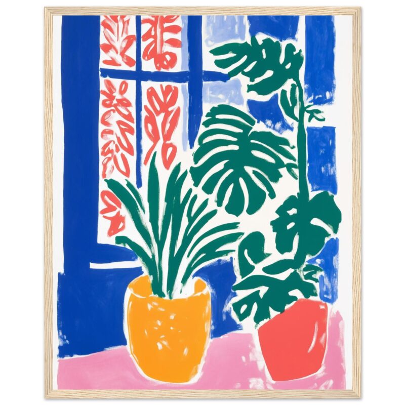 18e39152-95ec-43f7-b4c1-e48963148c35.jpg Vaso con plantas verdes y flores rojas en una pintura moderna.