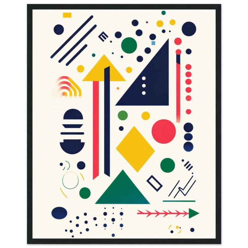 Dinámica obra de arte abstracto con formas geométricas y colores vibrantes para decoración moderna.
