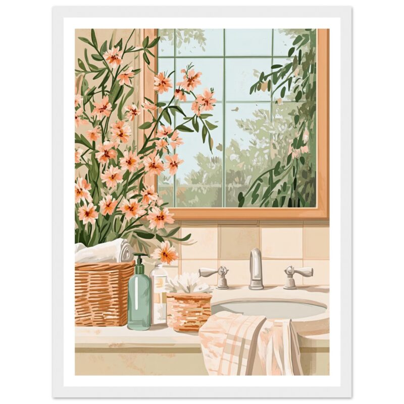 Jarrón con flores en un baño con ventana y decoración natural.