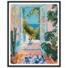 Puerta abierta con vista al mar y plantas tropicales, pintura moderna y colorida, obra de arte para decoración de interiores.