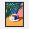 Taza de café con fondo colorido y planta en estilo artístico moderno.