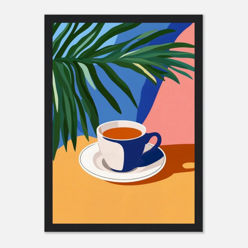 Taza de café con fondo colorido y planta en estilo artístico moderno.
