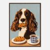Perro Cavalier King Charles con croissant y café, arte digital de estilo ilustración realista.