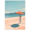 Disparo de una ilustración digital de una mujer en la playa con sombrilla y vista al mar, arte digital, estilo minimalista, diseño moderno.