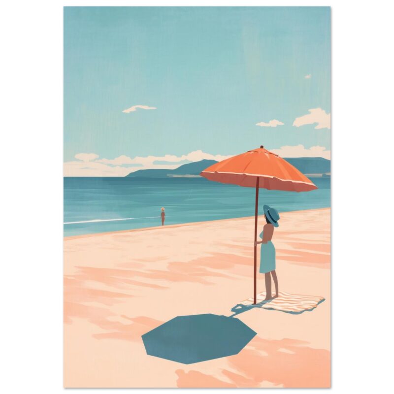 Disparo de una ilustración digital de una mujer en la playa con sombrilla y vista al mar, arte digital, estilo minimalista, diseño moderno.