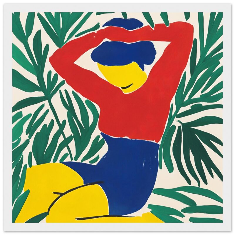 Imagen de retrato abstracto de mujer con fondo de hojas verdes, estilo pintura moderna y colorida, arte digital para decoración.