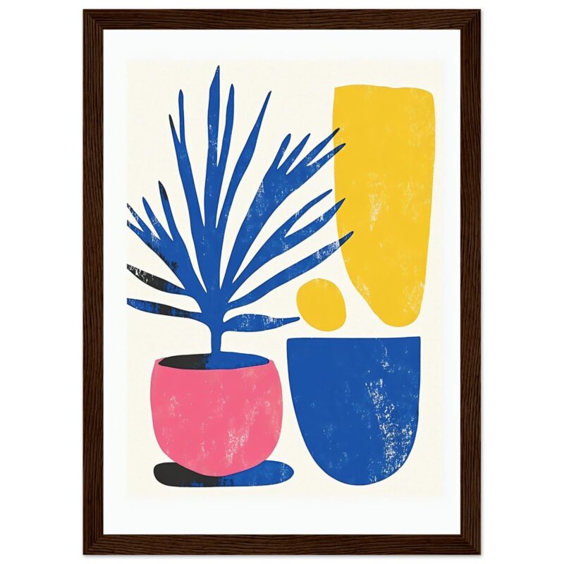 Vaso de cerámica con planta tropical en estilo abstracto en colores azul, rosa, amarillo y negro.
