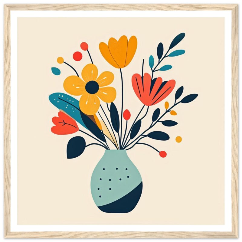 Colorida ilustración de florero con flores modernas, diseño digital y arte decorativo.