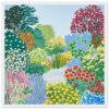 Coloreada ilustración de jardín con árboles y flores variadas, estilo artístico digital para diseño y decoración floral.