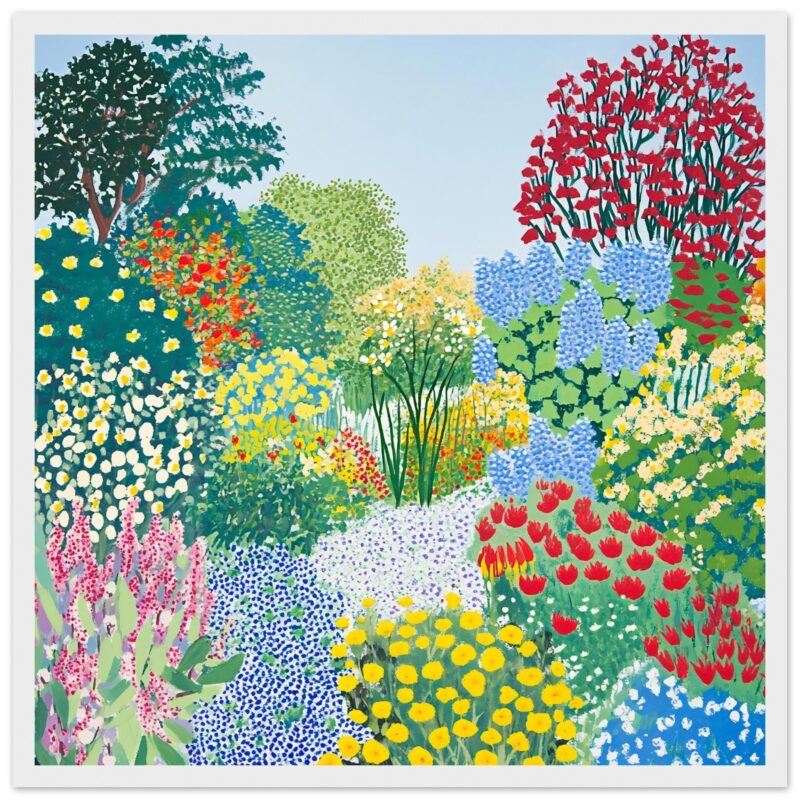 Coloreada ilustración de jardín con árboles y flores variadas, estilo artístico digital para diseño y decoración floral.